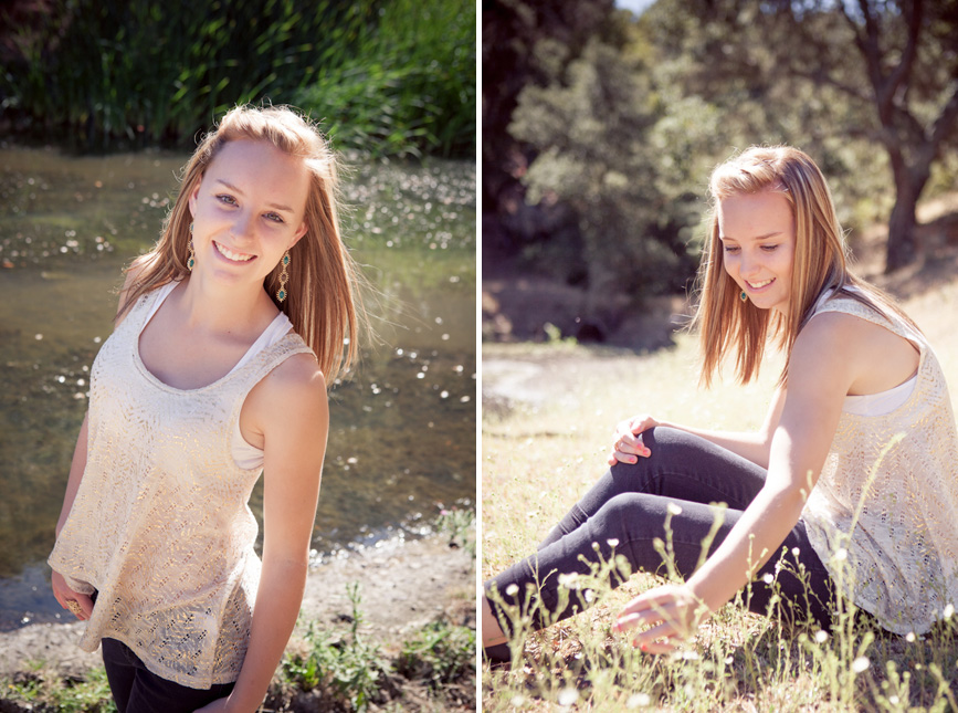 senior portrait by pond in country with oak tree