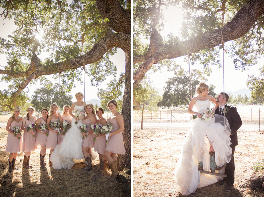 bridesmaids and swing, bride on swing, bride and groom on swing, cowboy boots bride